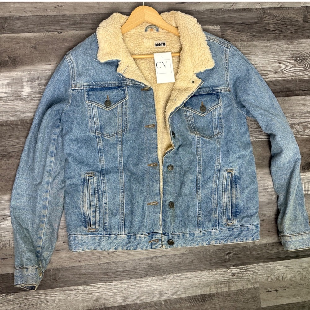 Topshop MOTO Denim Sherpa Lined Trucker Jacket Blue Mid Wash Faux Fur XS S